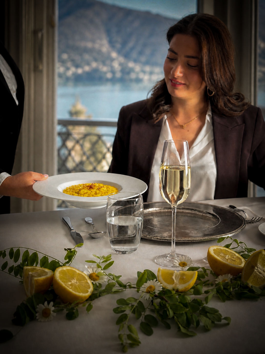 Guest being served a private dining course as part of the Villa Ready hospitality service on Lake Como